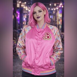Barbie Loungefly 65th Anniversary Pink Satin Bomber Jacket Size S M L XL NWT